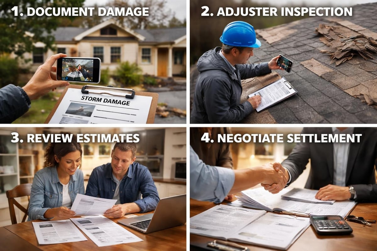 Image illustrating the process of managing roof storm damage claims, featuring four steps: documenting damage with a smartphone, an adjuster inspecting roof damage, a couple reviewing repair estimates, and negotiating a settlement.