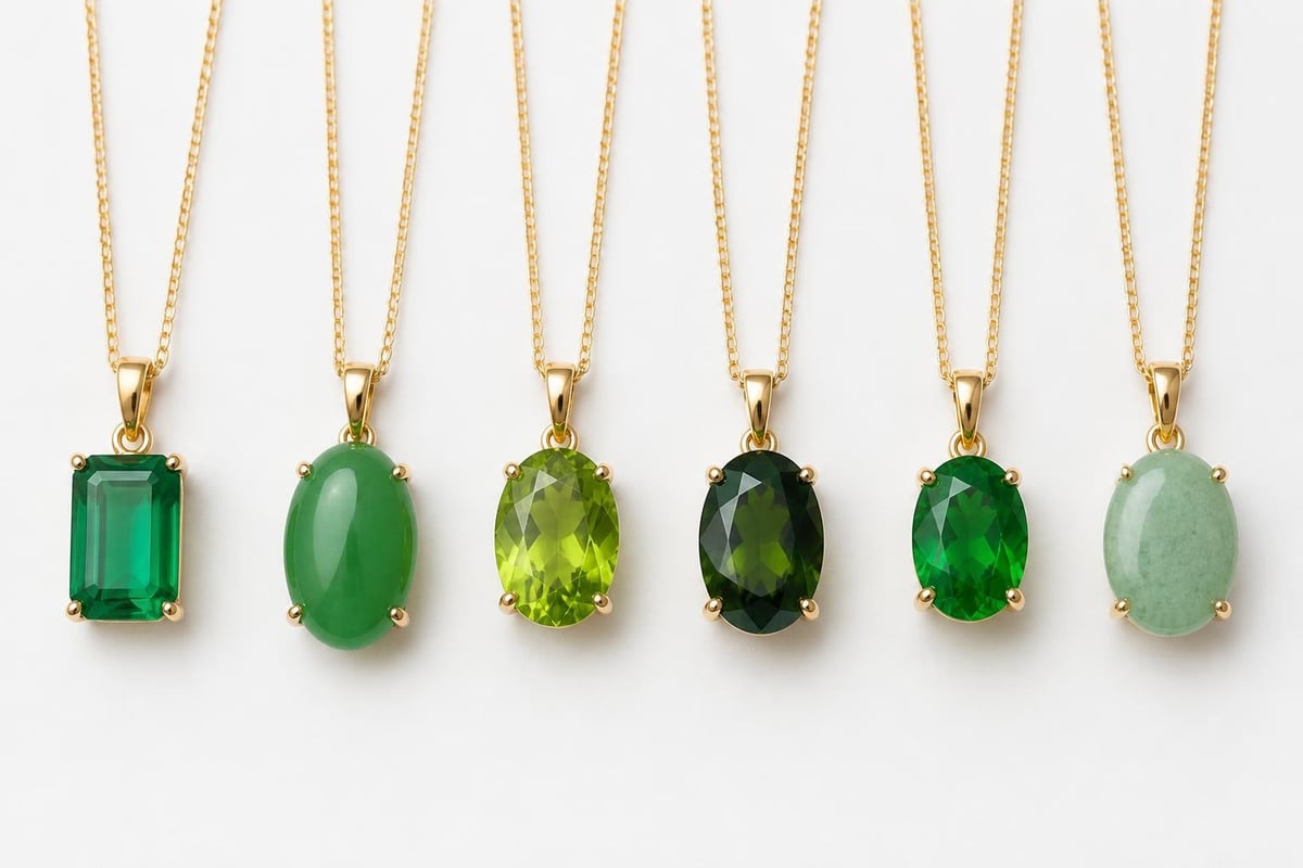 Green gemstone varieties in pendant settings