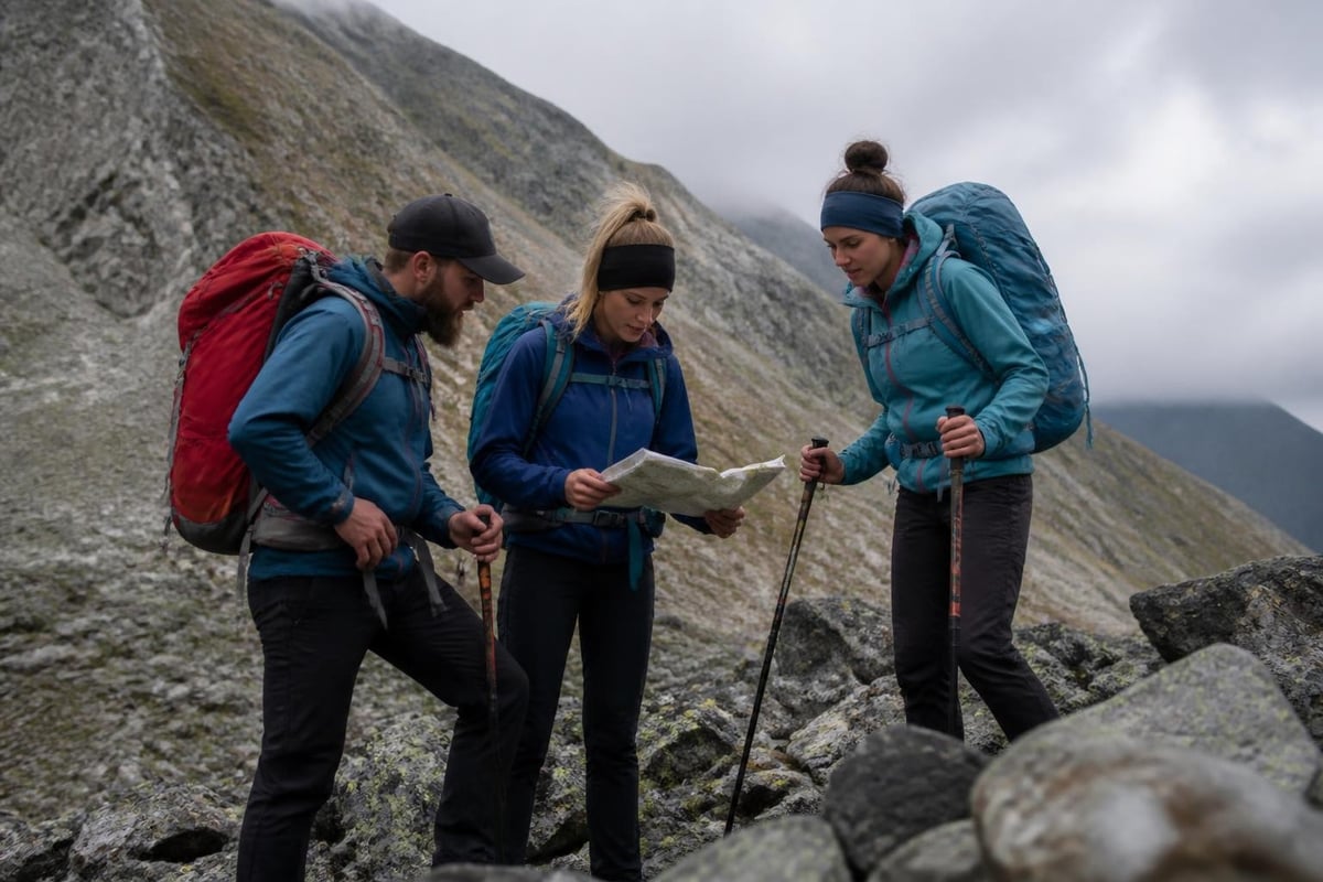 Team members supporting each other on challenging terrain