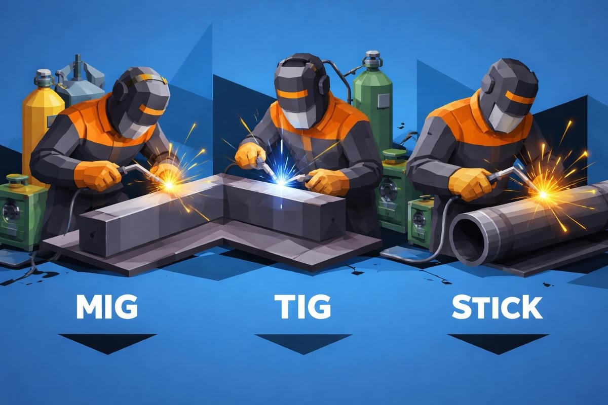 Illustration of three welding techniques: MIG, TIG, and Stick welding, with welders in protective gear working on metal pieces, showcasing sparks and welding equipment in a blue background setting.
