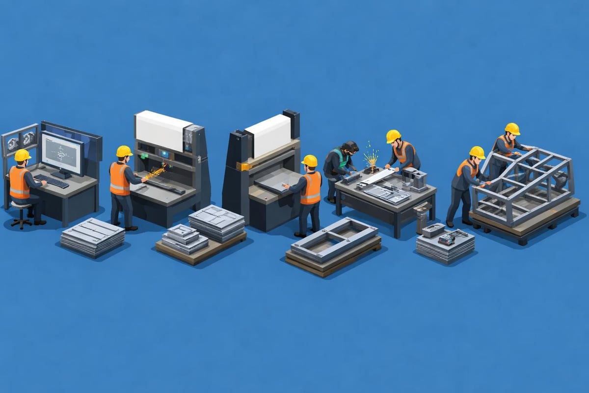 Welders and fabricators working in a modern industrial setting, utilizing robotic welding cells and machinery for metal fabrication, showcasing advanced technology and teamwork in manufacturing processes.