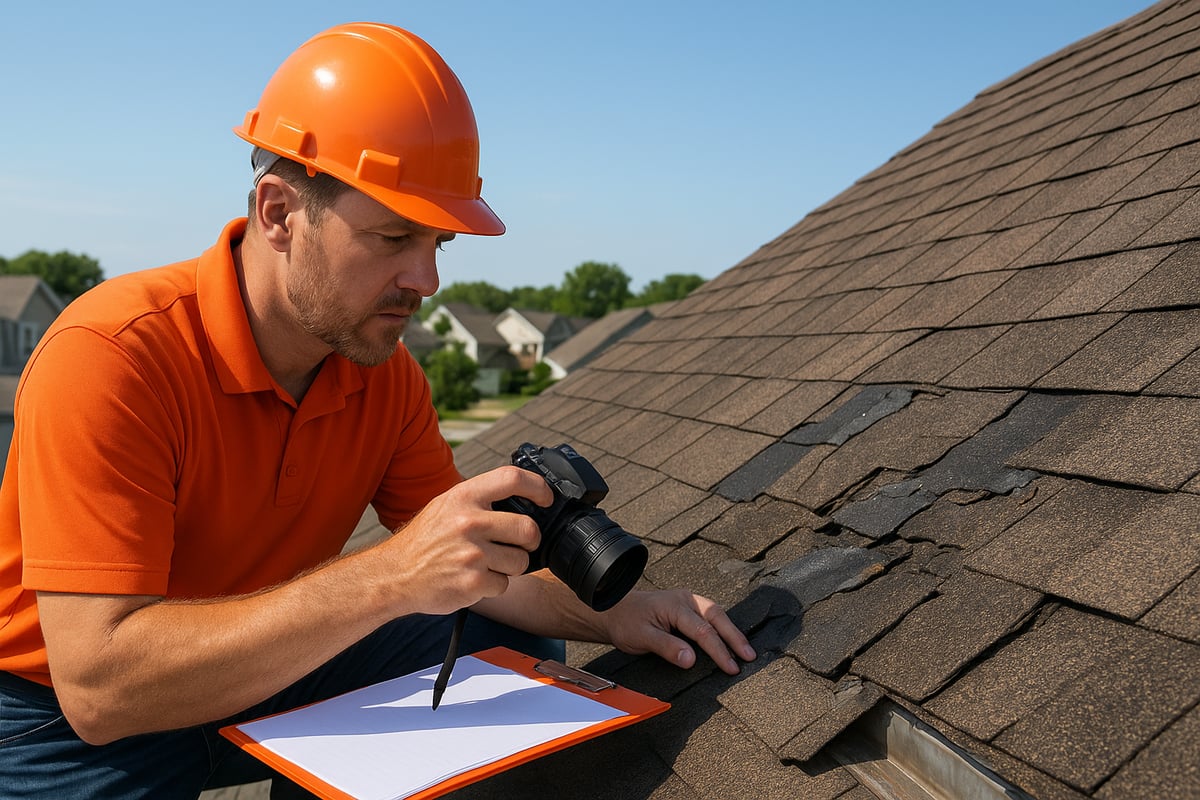 Roofing contractor inspecting damaged shingles and documenting findings with a camera and clipboard on a residential roof.