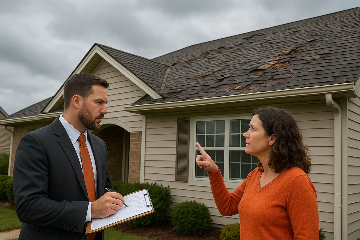 Professional insurance adjuster inspecting damaged roof with homeowner discussing roof repair options.