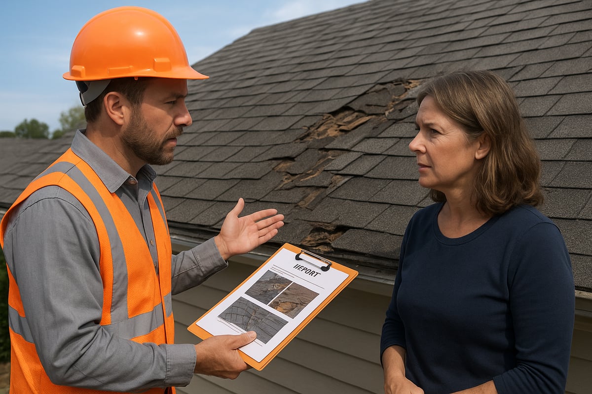 Roofing professional in orange safety vest and hard hat discussing roof damage with homeowner, showing inspection report with images of damage, emphasizing the importance of assessing roof repairs for insurance claims.