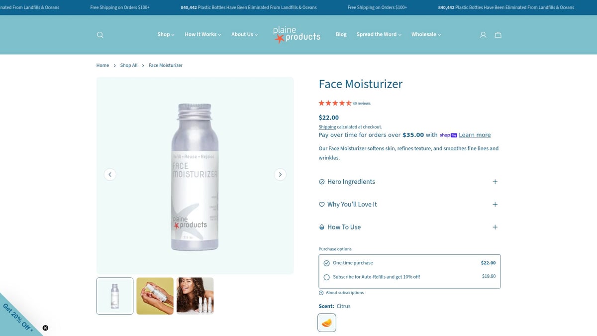 9 Essential Eco Friendly Skin Care Products for 2025 - Plaine Products Refillable Face Moisturizer