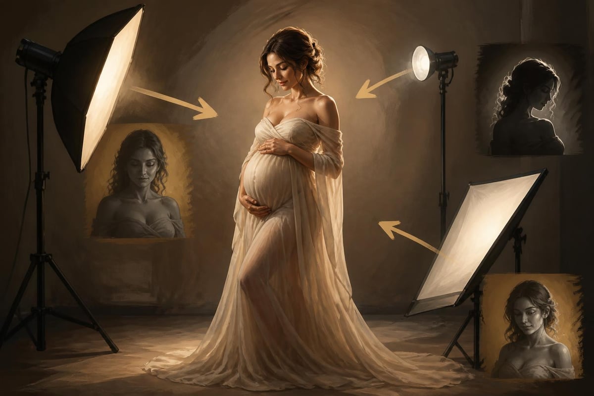 Professional studio lighting setup for maternity photography