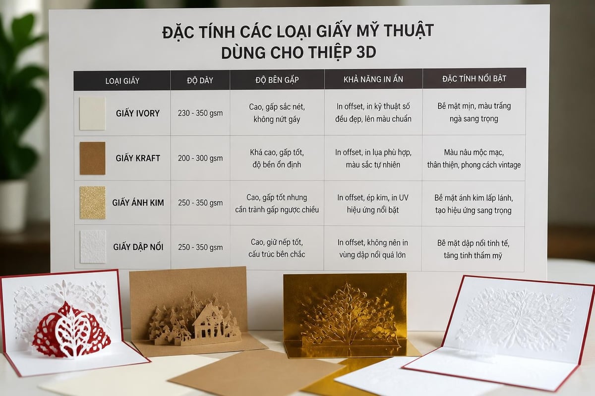 Thiệp Giáng Sinh 3D: Xu Hướng Quà Tặng Noel 2026 2 So sánh chất liệu giấy