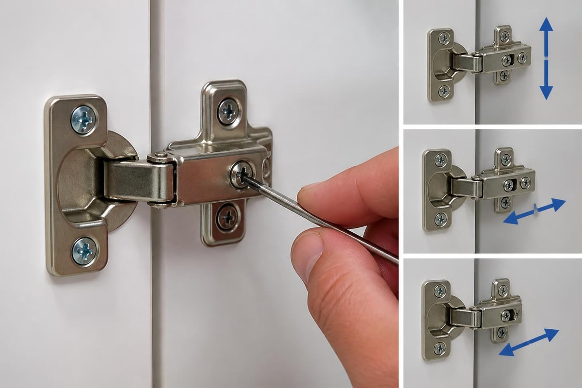 Frameless cabinet hinge adjustment