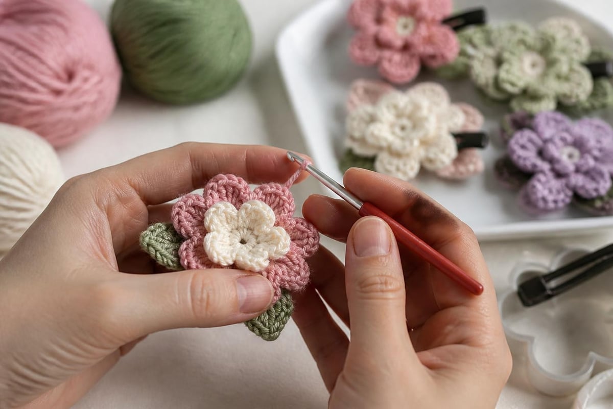 Hand-crocheted floral hair clip construction details