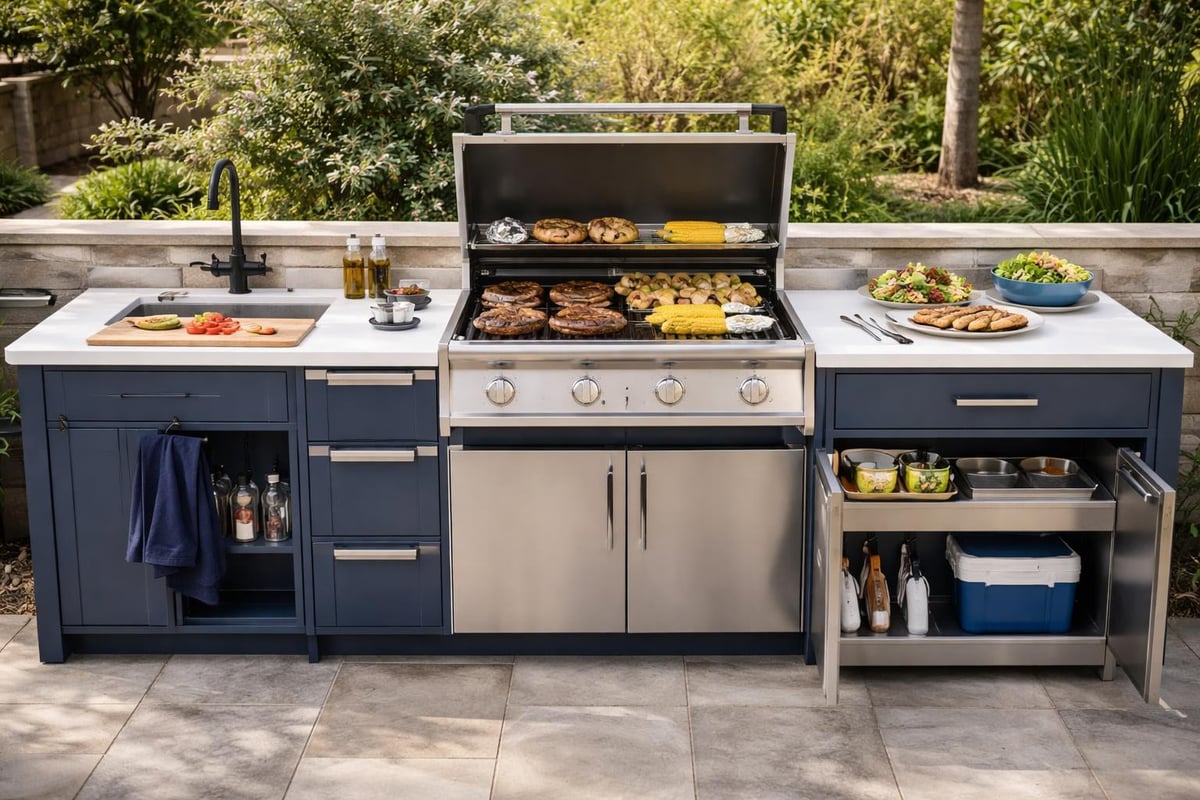 Patio grill station workflow zones