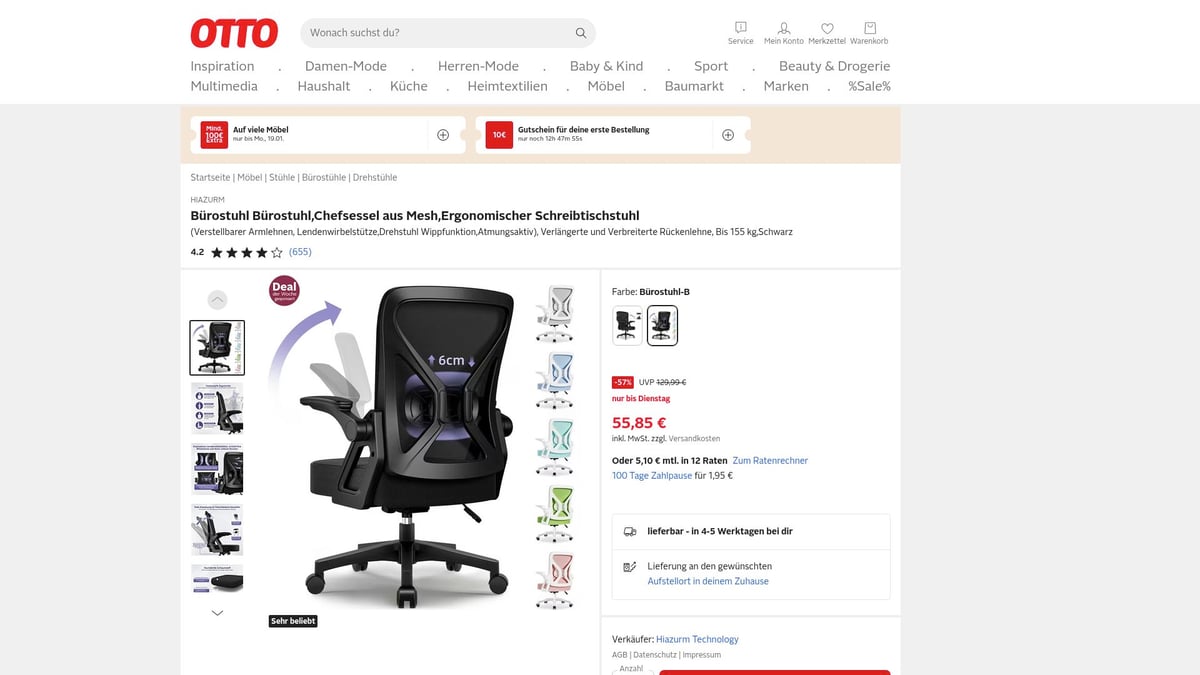 7 Top Deal de Angebote, Die Du 2026 Nicht Verpassen Solltest - Hiazurm Bürostuhl bei OTTO: Ergonomischer Chefsessel mit 57% Rabatt