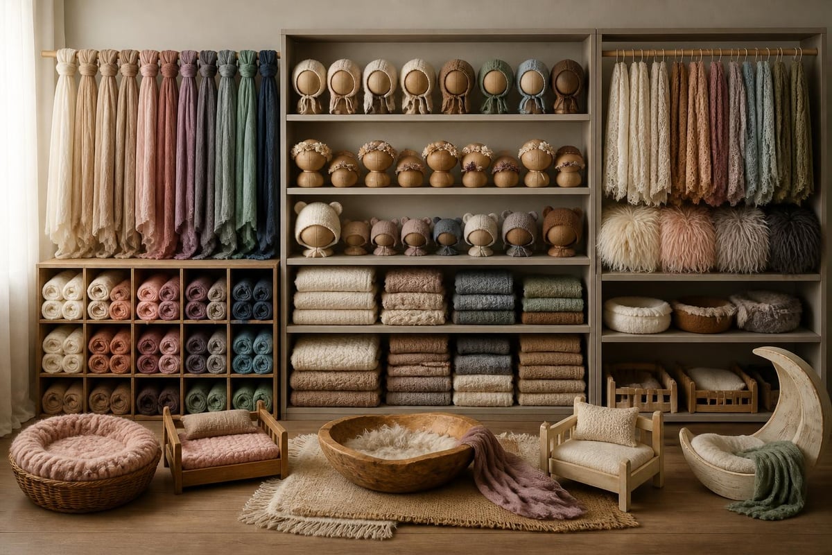Organized newborn photography prop collection