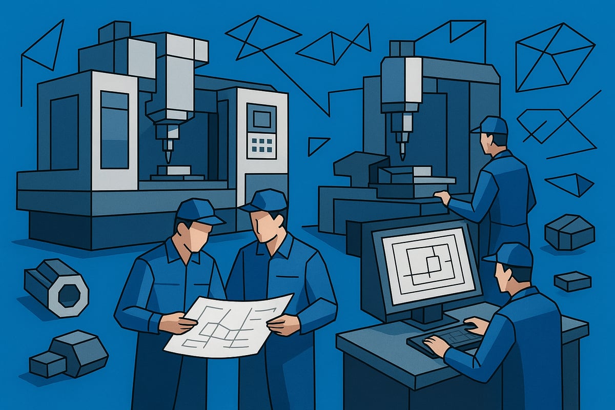 Low-poly illustration of industrial workers collaborating on fabrication designs, operating CNC machinery, and reviewing technical plans, emphasizing manufacturing efficiency and design for manufacturability principles.