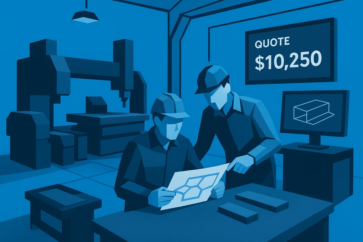 Two workers in a fabrication workshop reviewing a detailed fabrication quote of ,250, with machinery and tools in the background, emphasizing the metal fabrication process.