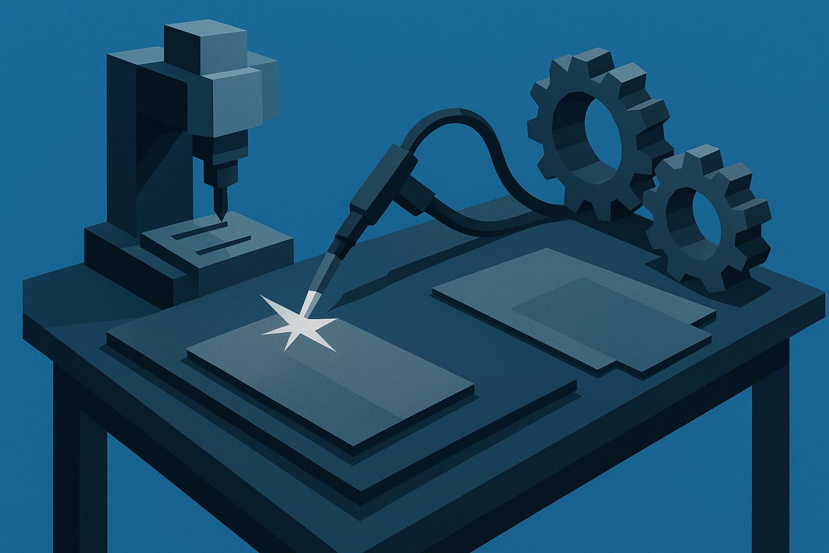Low-poly illustration of a fabrication workspace featuring a milling machine, welding tool, and gears, symbolizing the fabrication and machining industry.