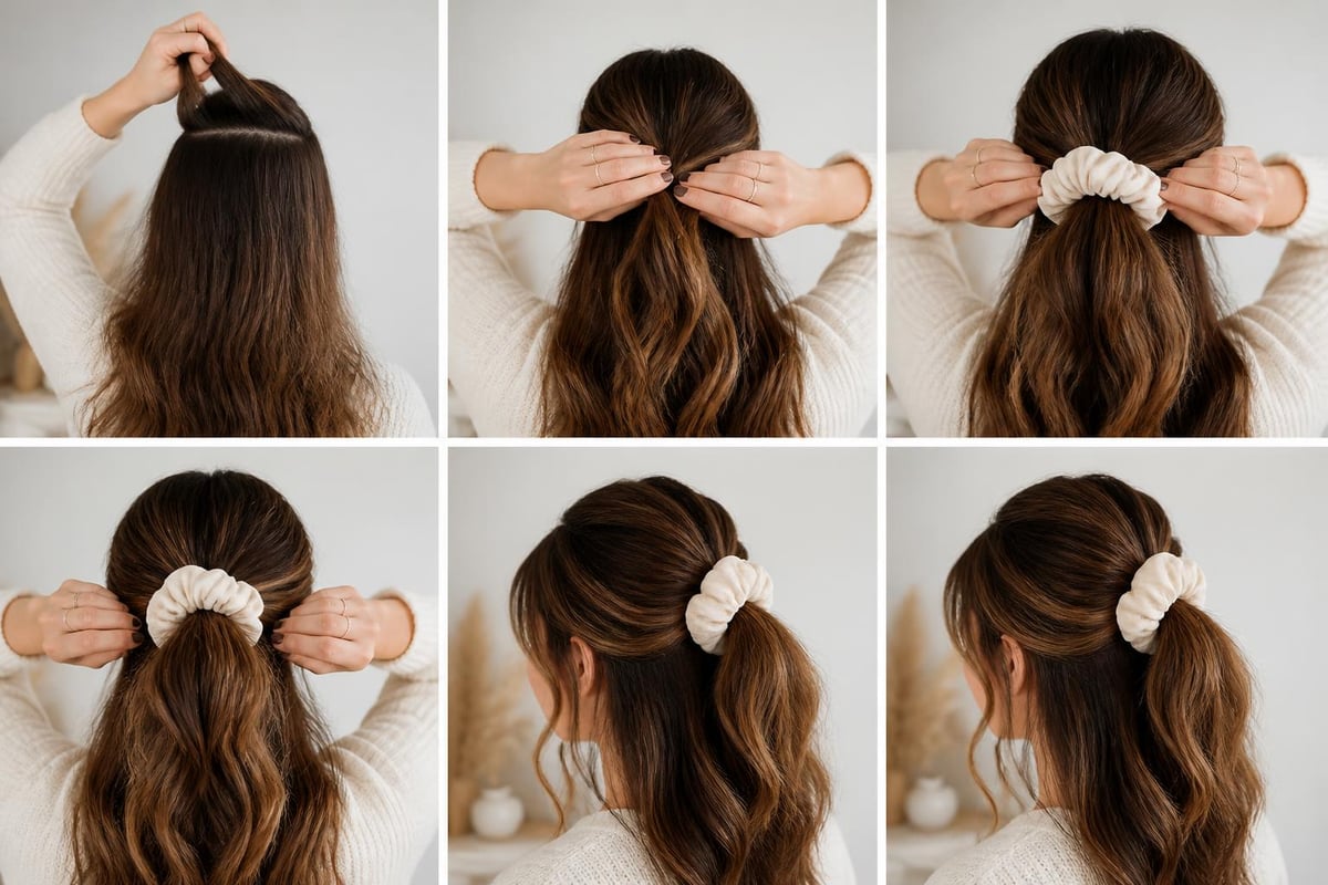 Half-up scrunchie styling technique volume crown placement The Pixie Garden