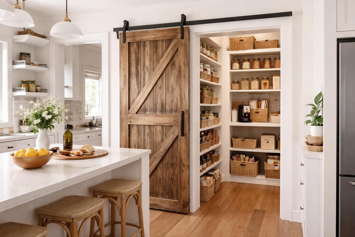 Kitchen pantry with barn door and shelves