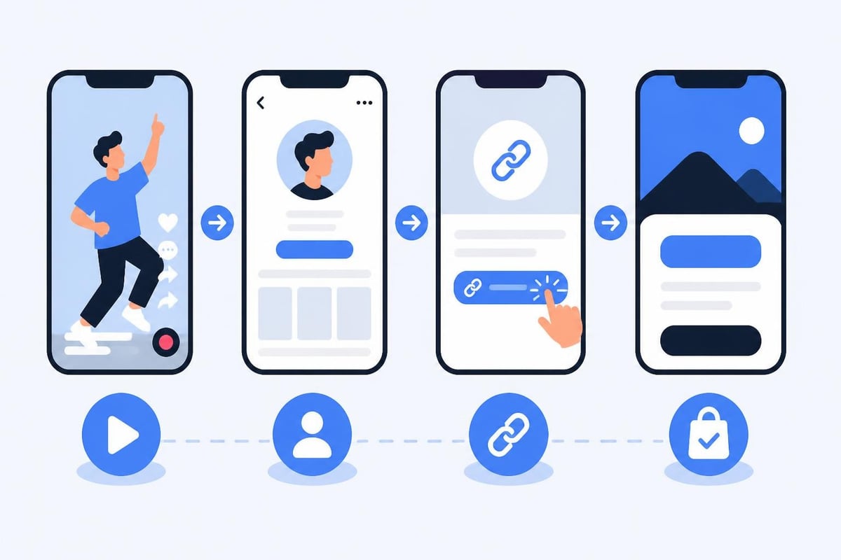 TikTok viewer journey from video to profile visit to bio link click