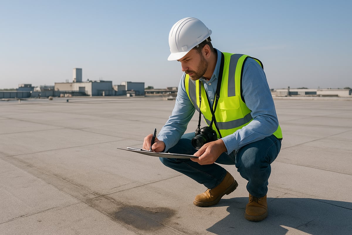 Professional roof inspector in safety gear, kneeling on a commercial rooftop, taking notes and assessing the roof's condition, emphasizing the importance of regular inspections for property maintenance.