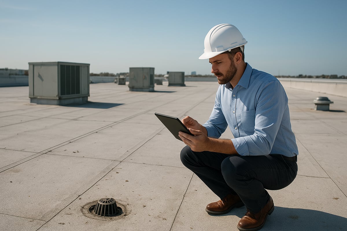 Man in a hard hat using a tablet to assess a commercial roof, featuring HVAC units and a drainage system, highlighting proactive maintenance and inspection importance.