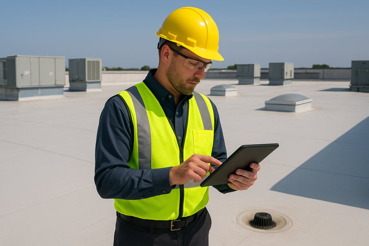 Professional inspector wearing a yellow hard hat and reflective safety vest, using a tablet on a commercial roof, with HVAC units and a clear blue sky in the background, emphasizing the importance of roof inspections for property maintenance.