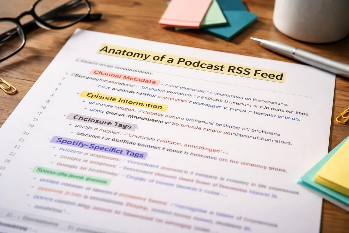 RSS feed structure for podcast distribution