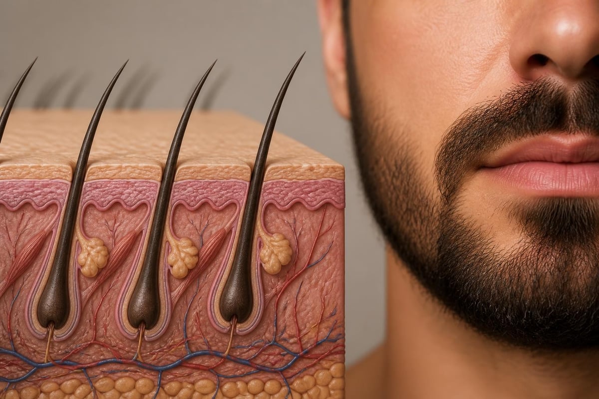 Male skin layers with beard follicles