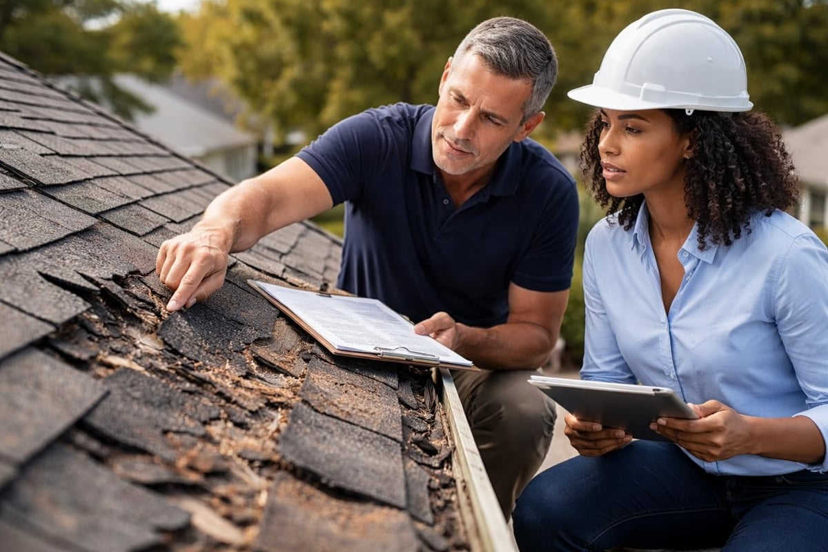 Insurance adjuster inspecting roof damage