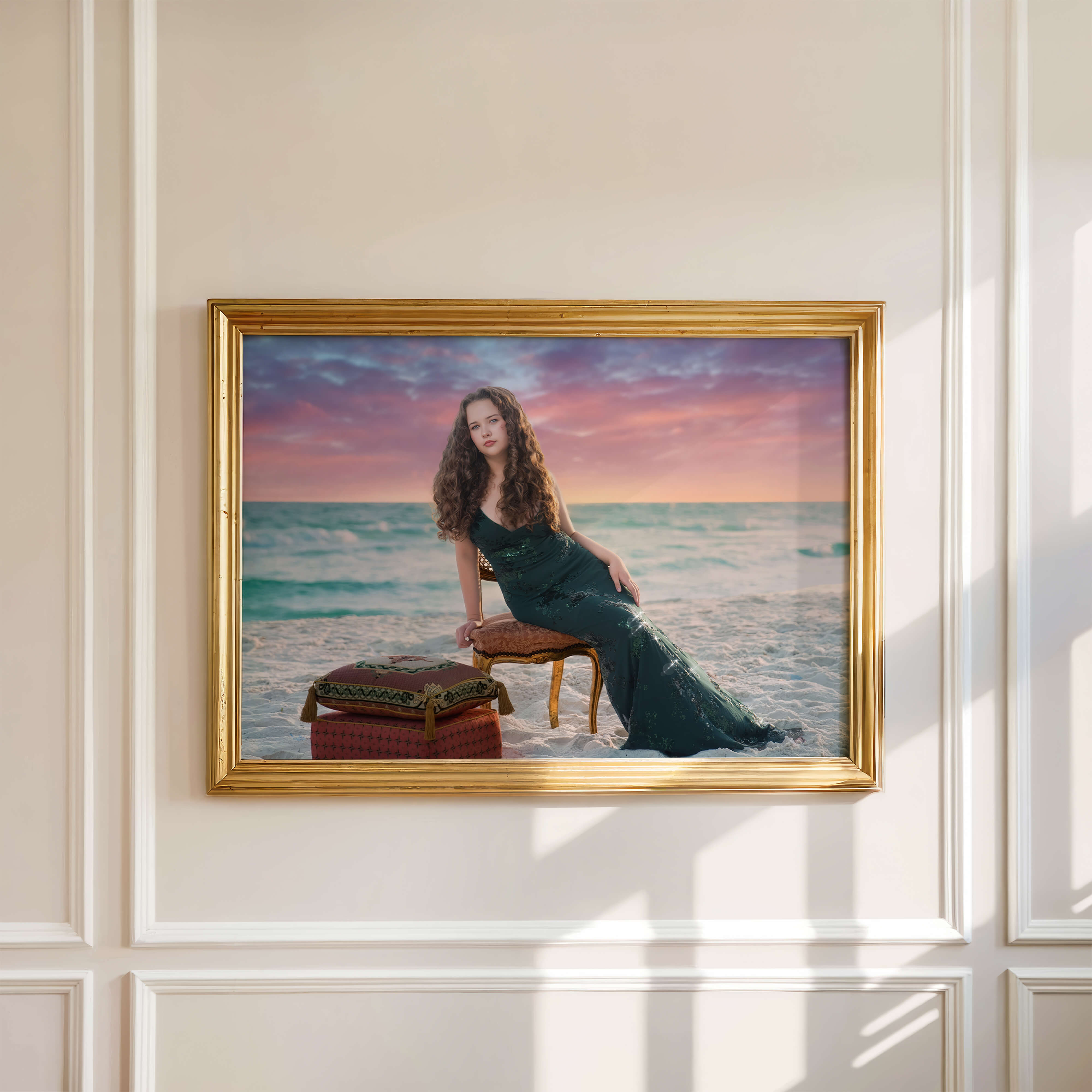 breanne-fine-portraiture-beach-family-child-heirloom-photgrapher-portrait-artist0671.jpg An artistic and editorial style portrait on the beaches and shores of the Gulf Coast for a teenage girl with curly hair in a sequined gown, taken by Breanne Cook, photographer and portrait artist of Breanne Fine Portraiture of Alabama.