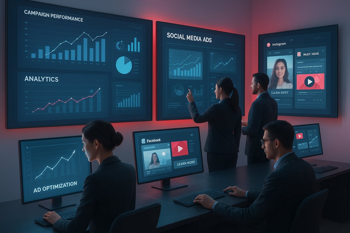 People analyzing data in a dimly lit control room, with large screens displaying charts and a video feed.