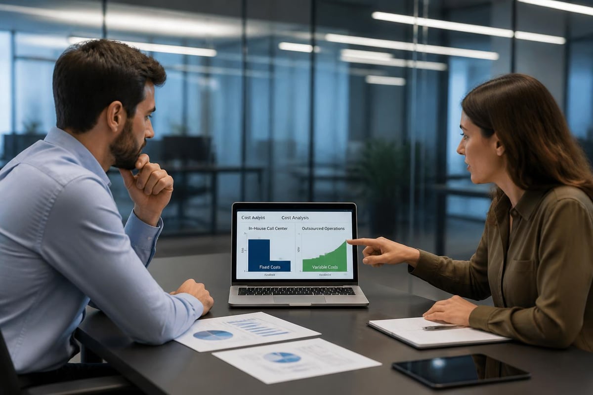 Business professionals discussing cost analysis of in-house versus outsourced call center operations, with graphs on laptop showing fixed and variable costs.