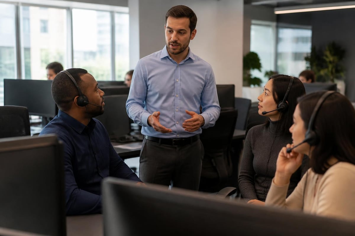 Team meeting in a call center with manager providing coaching and feedback to agents, emphasizing workforce optimization and performance improvement strategies.