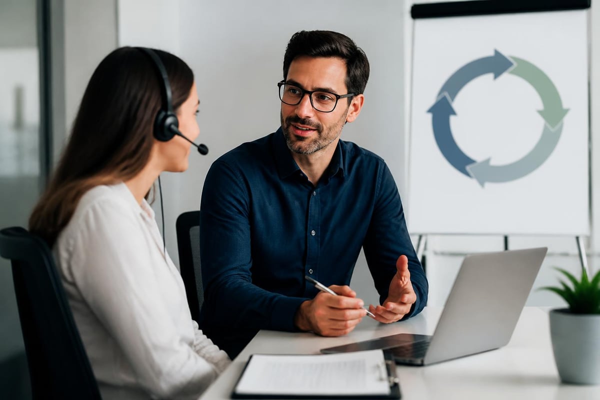 Two professionals engaging in a coaching conversation about call center quality management, with a laptop and a presentation board featuring a circular process diagram in the background.