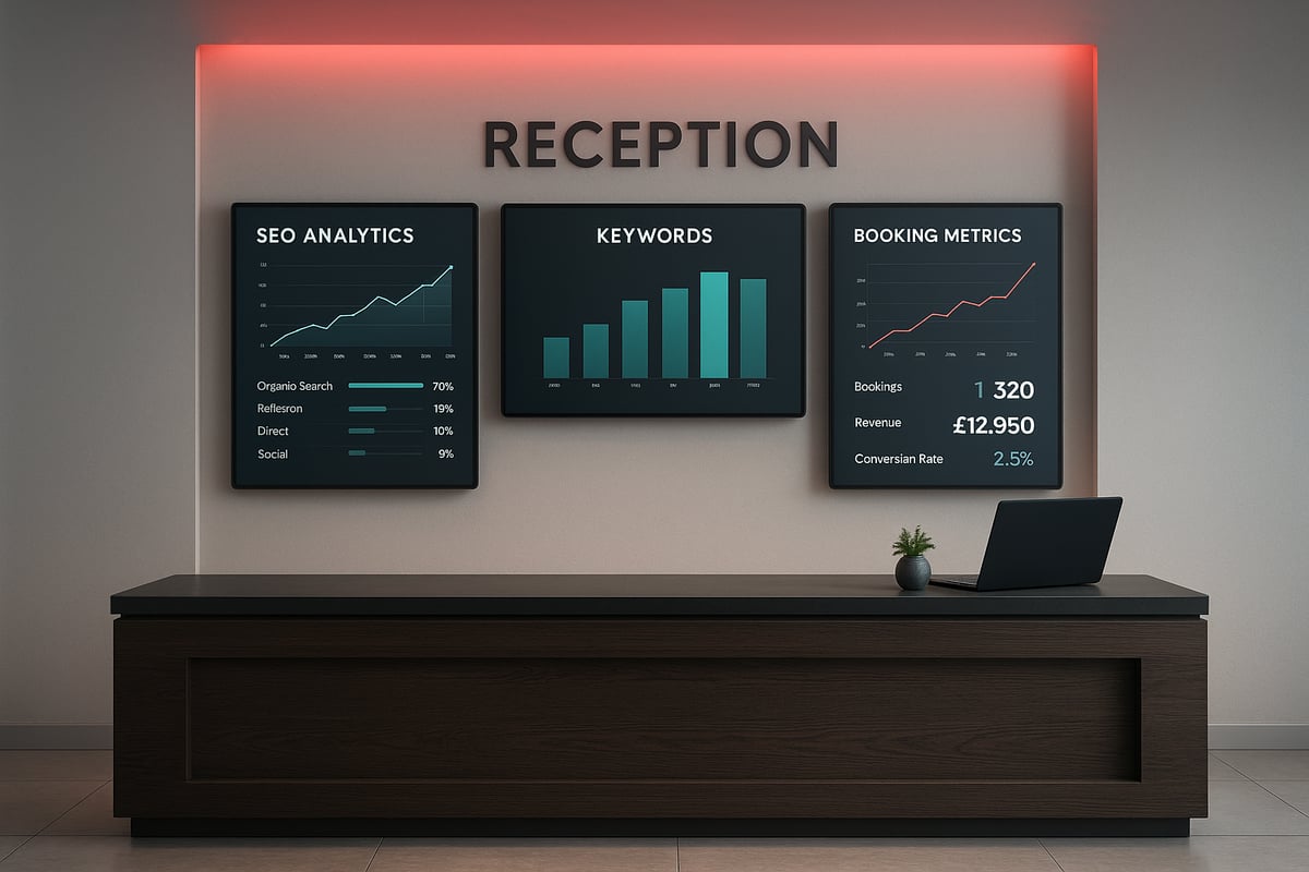 Reception desk with three screens displaying SEO data; laptop and plant.