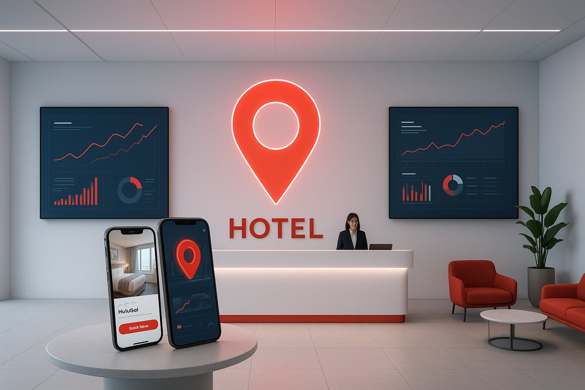 Hotel lobby with a receptionist, red location pin logo, and two smartphones displaying booking app.
