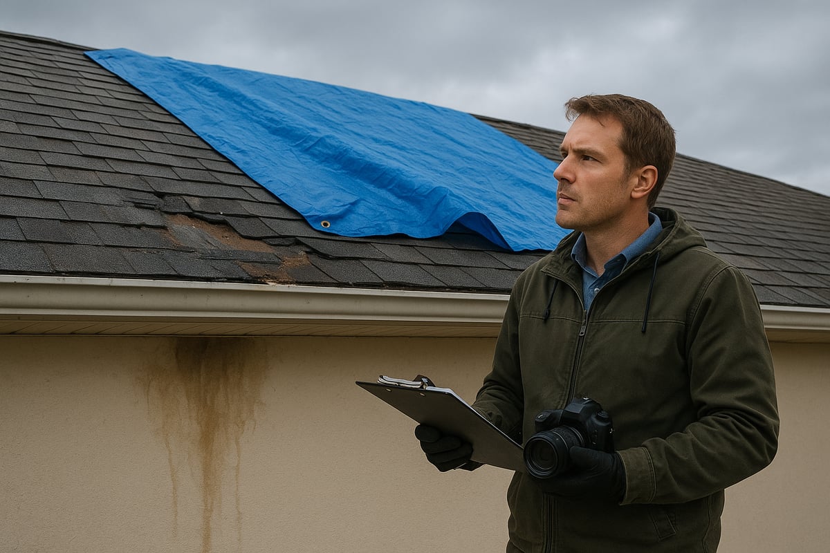 Homeowner inspecting roof with blue tarp covering damage, holding clipboard and camera, emphasizing documentation for insurance claims related to roof leaks.