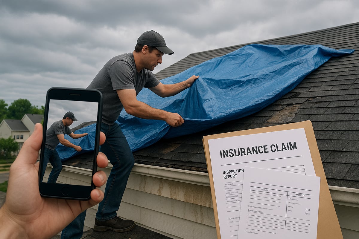 Homeowner covering roof with blue tarp while taking photos for insurance claim documentation, with inspection report and insurance claim forms visible in the foreground.