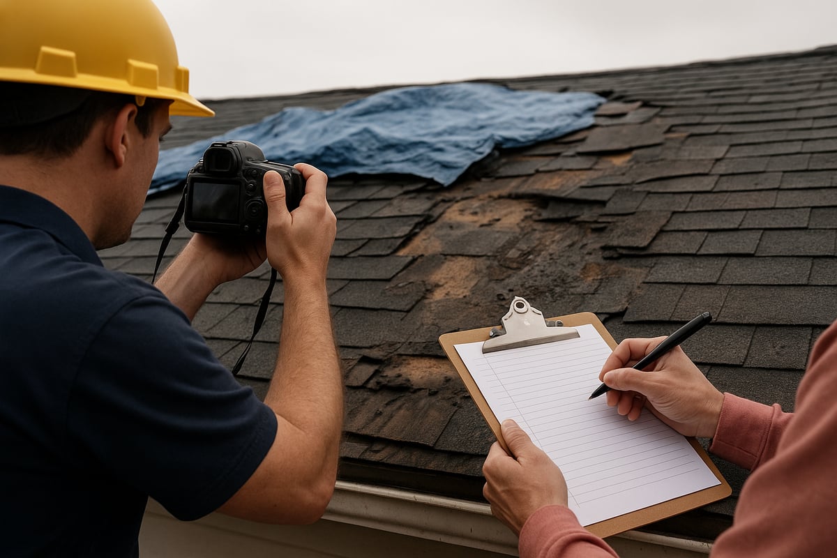Person in a yellow hard hat photographing a damaged roof with missing shingles, while another individual takes notes on a clipboard, illustrating the process of documenting roof leaks for insurance claims.
