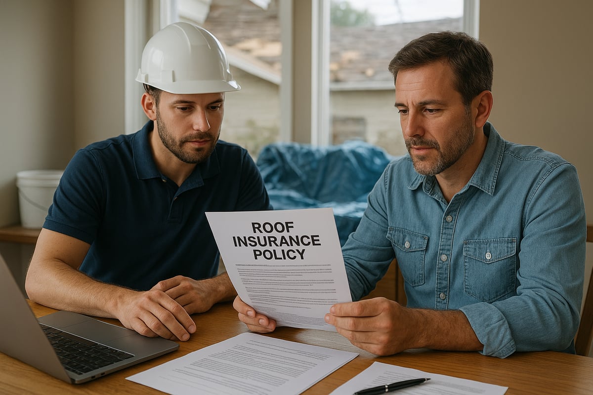Two men reviewing a roof insurance policy document at a table, one wearing a hard hat, with a laptop and paperwork visible, emphasizing the importance of understanding insurance claims for roof leaks.