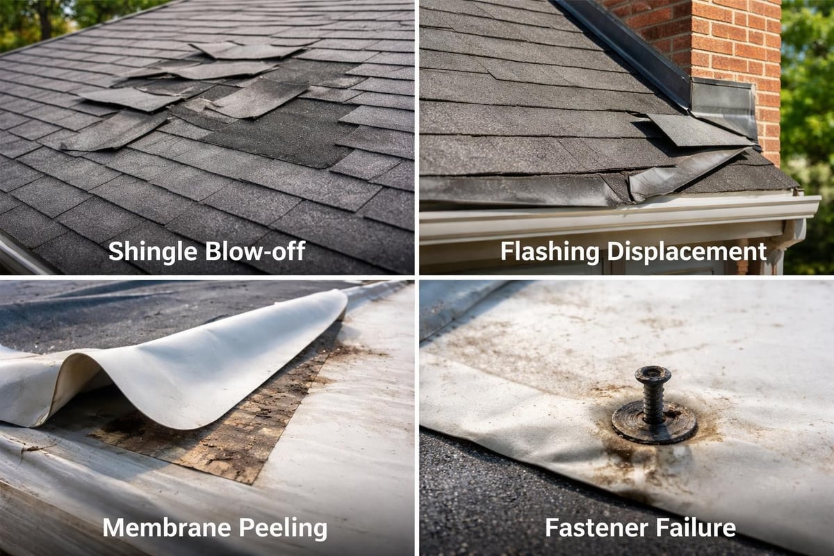 Shingle blow-off, flashing displacement, membrane peeling, and fastener failure on a roof, illustrating common wind damage types requiring repair.