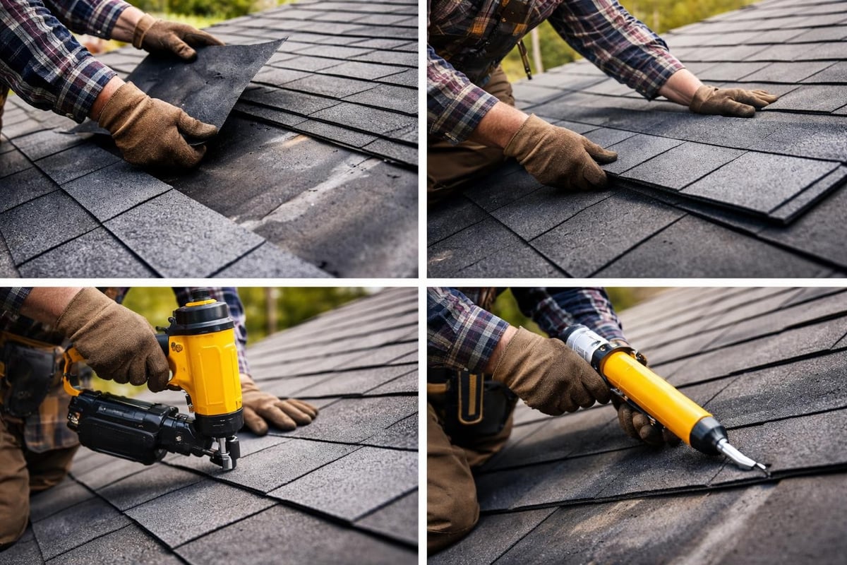 Roofing contractor replacing asphalt shingles using pneumatic nail gun and roofing cement, demonstrating wind damage repair techniques.