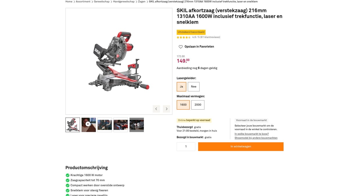 9x Goedkoop Gereedschap Voor Slim Klussen In 2026 - SKIL afkortzaag 216mm 1310AA 1600W – €149,00
