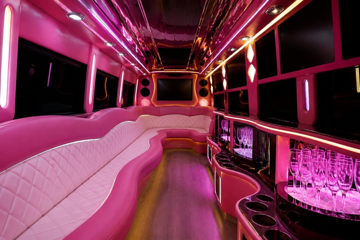 Pink limo party bus interior features