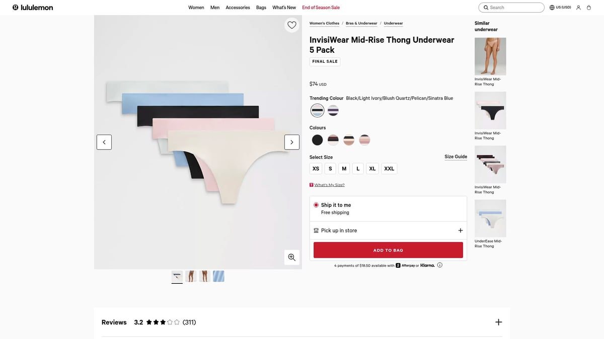 7 Best Breathable Underwear Picks for Everyday Comfort 2026 - lululemon InvisiWear Mid Rise Thong Underwear – $74 (5-pack)