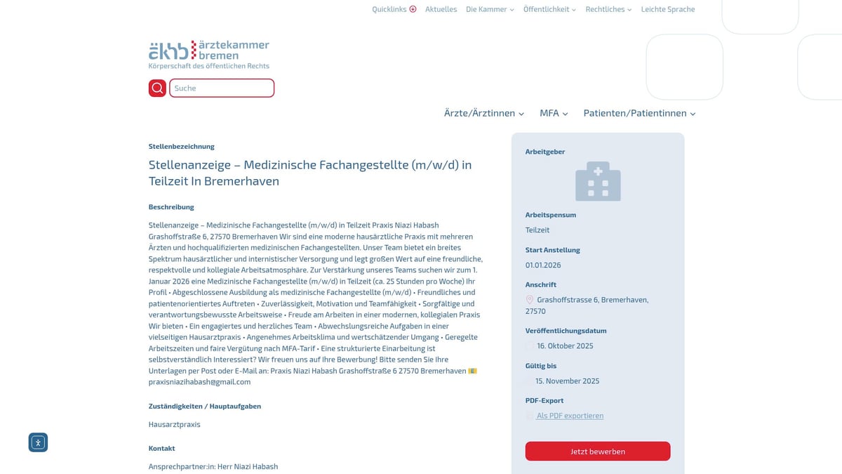 Top 8 Stellenangebote MFA 2025: Jetzt Traumjob Finden - Medizinische Fachangestellte (m/w/d) – Hausarztpraxis Bremen