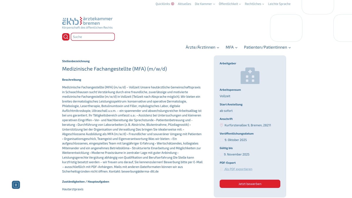 Top 8 Stellenangebote MFA 2025: Jetzt Traumjob Finden - Medizinische Fachangestellte (m/w/d) – Dermatologie Bremen Nord