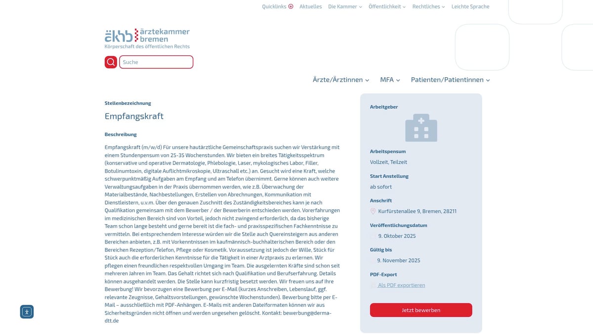 Top 8 Stellenangebote MFA 2025: Jetzt Traumjob Finden - Empfangskraft / MFA – Hautarztpraxis Bremen