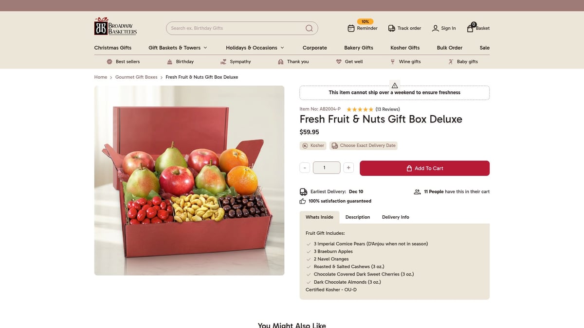 7 Thoughtful Ideas for a Gift Basket After Surgery in 2026 - Fresh Fruit & Nuts Gift Box Deluxe by Broadway Basketeers