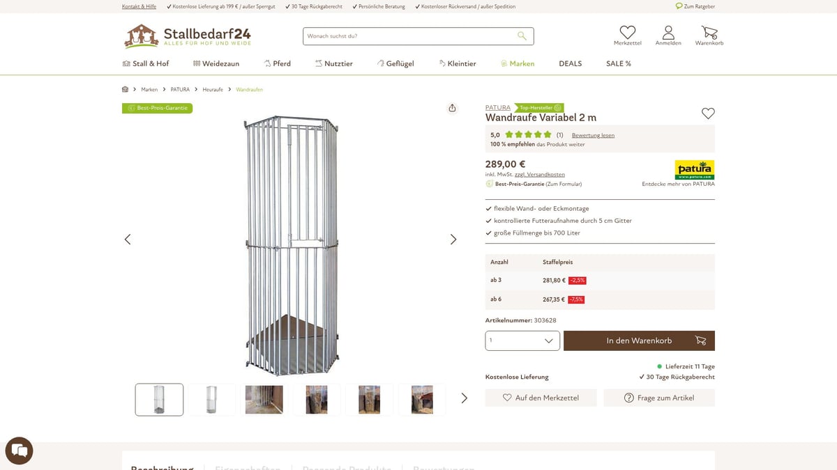 Heuraufe Für Pferde: 7 Innovative Modelle 2026 - PATURA Wandraufe Variabel 2 m