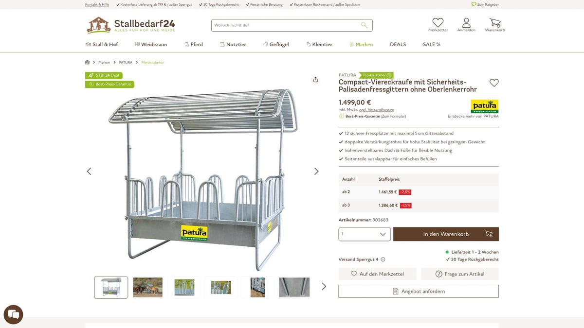 Heuraufe Für Pferde: 7 Innovative Modelle 2026 - PATURA Compact-Viereckraufe mit Sicherheits-Palisadenfressgittern ohne Oberlenkerrohr